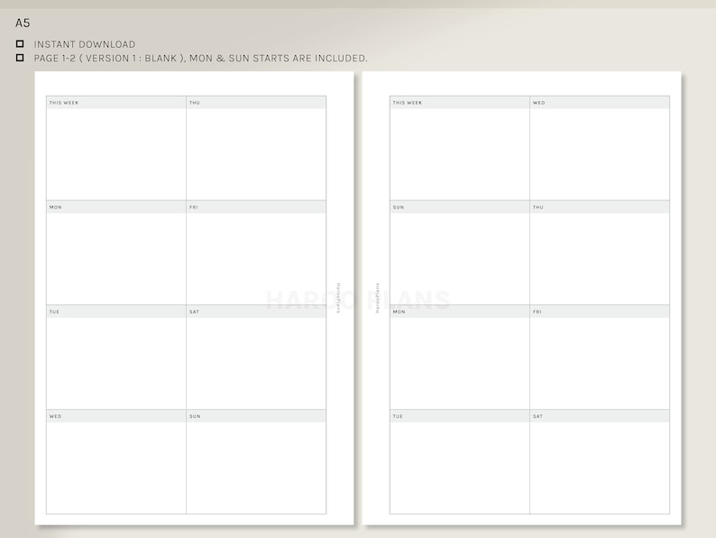 Buy Weekly | A5 Printable Planner Inserts | Simple WO1P Template | Week ...