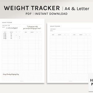Hoja de seguimiento de peso / Planificador imprimible tamaño A4, carta de EE. UU. / Registro de dieta para bajar de peso / Plantilla de diario de actividad física en formato PDF / Descarga digital