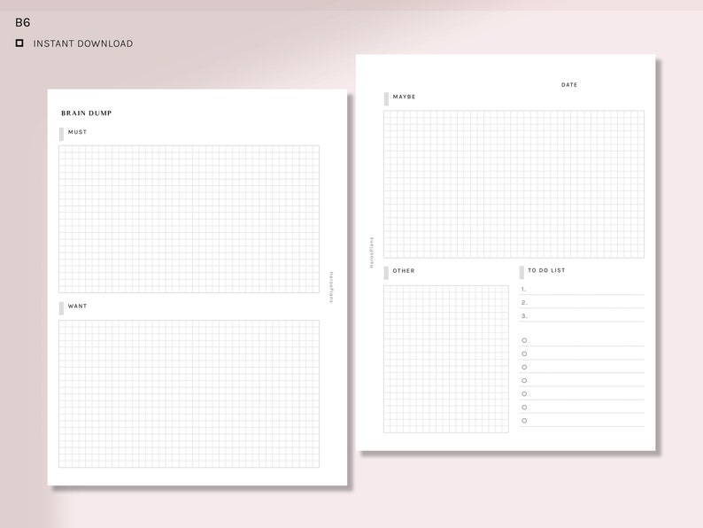 May include: A printable planner page with a grid layout. The page is divided into sections labeled "Brain Dump", "Must", "Want", "Maybe", "Other", and "To Do List".
