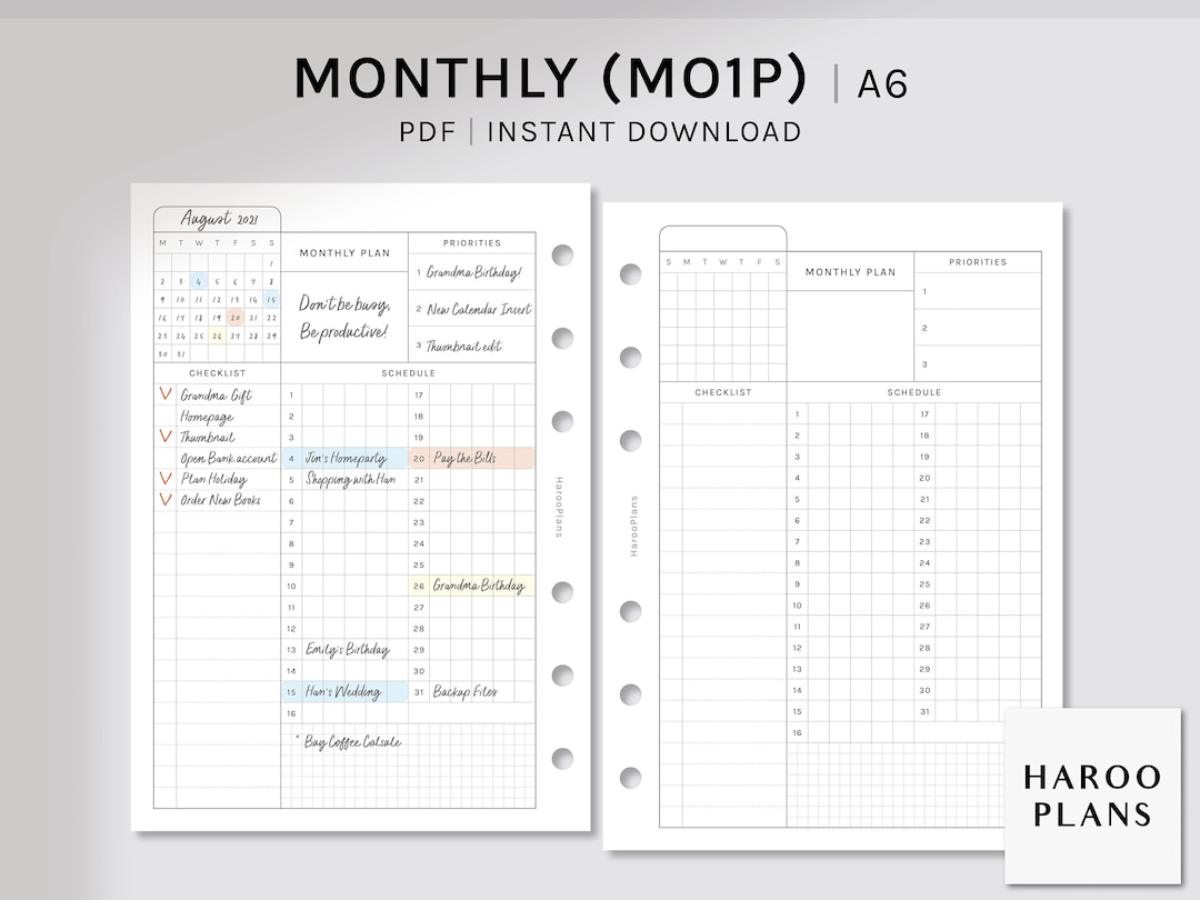 Monthly Planner | A6 Ring Printable Planner Inserts | Monthly Overview ...