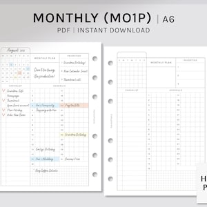 Monthly Planner | A6 Ring Printable Planner Inserts | Monthly Overview Template | MO1P Month on one page | Digital Download