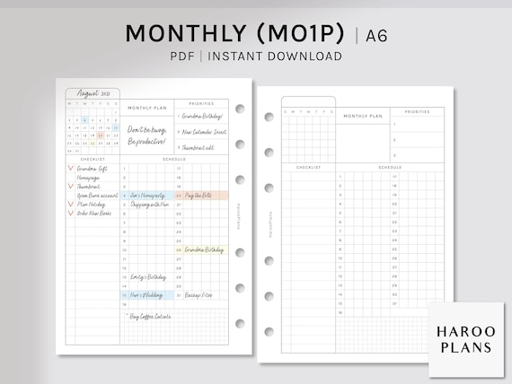Monthly Planner A6 Ring Printable Planner Inserts Monthly - Etsy