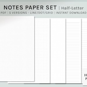 Classic Notes Paper Set Imprimible / Half-Letter / Planner Inserts / Study Notes Template / Blank Notepad / Grid, Dot, Lined Pages