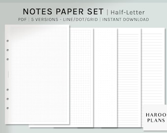 Classic Notes Paper Set Printable | Half-Letter | Planner Inserts | Study Notes Template | Blank Notepad | Grid, Dot, Lined Pages