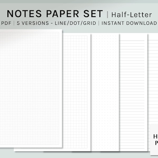 Classic Notes Paper Set Printable | Half-Letter | Planner Inserts | Study Notes Template | Blank Notepad | Grid, Dot, Lined Pages