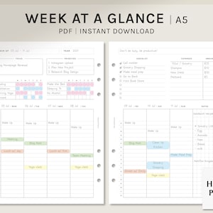 Week at a Glance | A5 Ring Printable Planner Inserts | Weekly Planner | WO2P Layout Hourly Planning Sheet | Digital Download