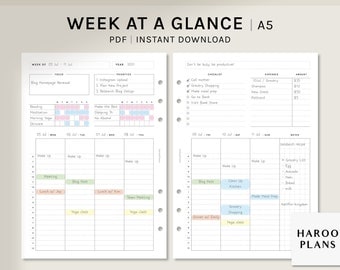 Week at a Glance | A5 Ring Printable Planner Inserts | Weekly Planner | WO2P Layout Hourly Planning Sheet | Digital Download