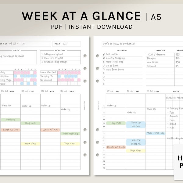 Week at a Glance | A5 Ring Printable Planner Inserts | Weekly Planner | WO2P Layout Hourly Planning Sheet | Digital Download