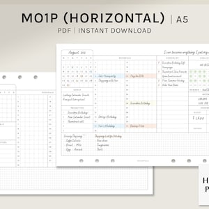 Puede incluir: Un planificador horizontal A5 imprimible con un calendario mensual, un horario semanal, establecimiento de objetivos, una lista de prioridades y una lista de verificación para desafíos. El planificador incluye un rastreador de presupuesto con secciones de ingresos y gastos. El planificador está diseñado para uso personal e incluye el texto "Puedo convertirme en cualquier cosa que me proponga."