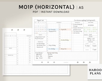 Könnte beinhalten: Ein druckbarer A5-Horizontalplaner mit einem Monatskalender, einem Wochenplan, Zielsetzung, Prioritätenliste und einer Checkliste für Herausforderungen. Der Planer enthält einen Budget-Tracker mit Einnahmen- und Ausgabenbereichen. Der Planer ist für den persönlichen Gebrauch konzipiert und enthält den Text "Ich kann alles werden, was ich mir in den Kopf setze."