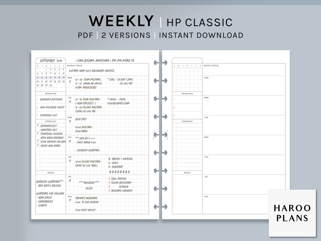 Undated Weekly | HP Classic Printable Happy Planner Inserts | WO1P ...