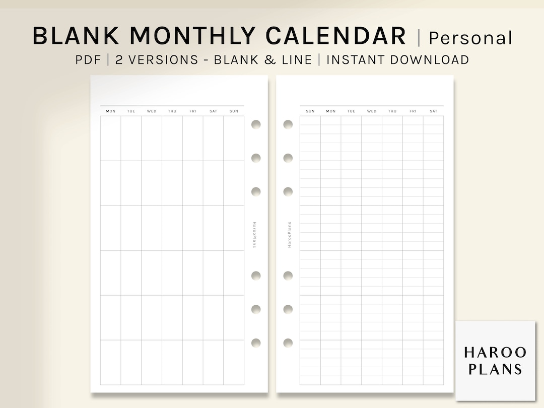 Undated Monthly Calendar | Personal Printable Planner Inserts | Blank ...