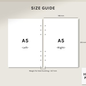 May include: A size guide for A5 paper, showing the dimensions of the paper and the margin for hole punching. The guide shows the paper in two parts, labeled "Left" and "Right". The dimensions are 148 mm by 210 mm, with a 12.7 mm margin for hole punching.