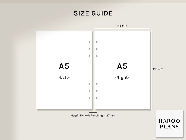 May include: A size guide for A5 paper, showing the dimensions of the paper and the margin for hole punching. The guide shows the paper in two parts, labeled "Left" and "Right". The dimensions are 148 mm by 210 mm, with a 12.7 mm margin for hole punching.