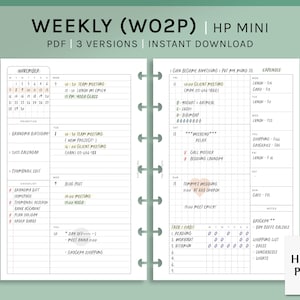 Puede incluir: Un planificador semanal con una cubierta verde y un interior blanco. El planificador está dividido en secciones para cada día de la semana, con espacio para citas, tareas y notas. El planificador también incluye una sección para el seguimiento de gastos y una sección para el seguimiento de hábitos. El planificador está diseñado para su uso con un HP Mini.