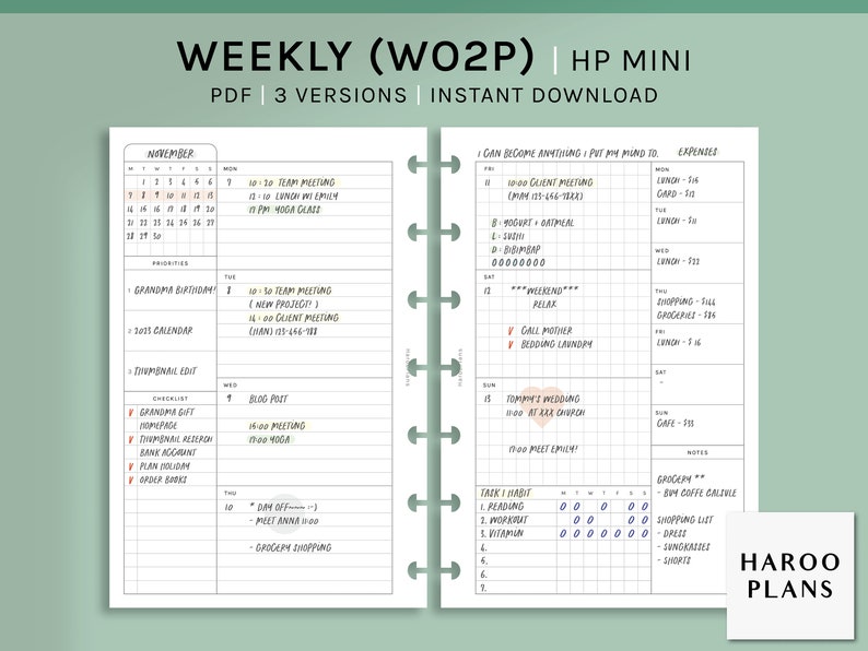 Undated Weekly | HP Mini Printable Happy Planner Inserts | WO2P ...