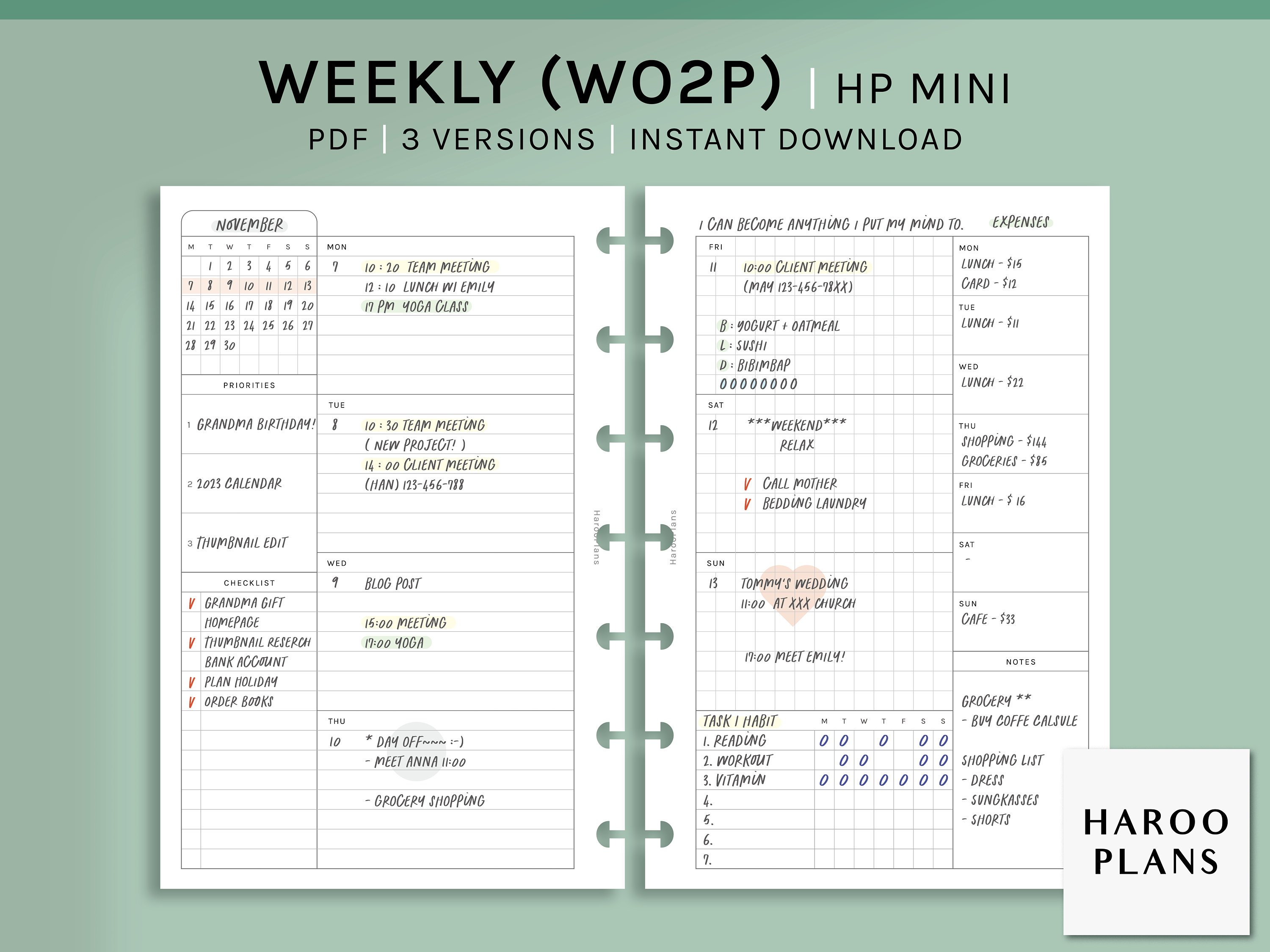 Undated Weekly | HP Mini Printable Happy Planner Inserts | WO2P ...
