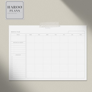May include: A white monthly planner with a black grid and sections for goals, birthdays and events, and a checklist. The planner has the text "Haroo Plans" at the top.
