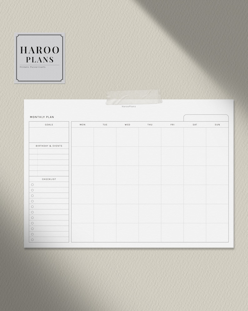 May include: A white monthly planner with a black grid and sections for goals, birthdays and events, and a checklist. The planner has the text "Haroo Plans" at the top.