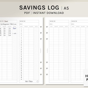 May include: A printable A5 savings log PDF with two pages. The first page has a section for saving for "Travel" with a goal of £2,000. The second page has two sections for saving with blank spaces for goals. The pages are divided into columns for date, amount, balance, and notes.