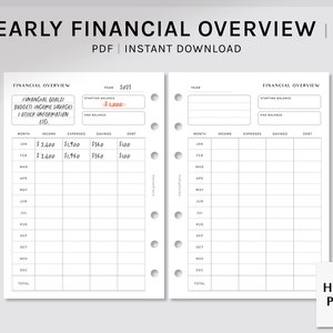 May include: A black and white printable A6 yearly financial overview planner with columns for month, income, expenses, savings, and debt. The planner includes a starting balance of £1,000 and a section for financial goals, budget, income sources, and other information.