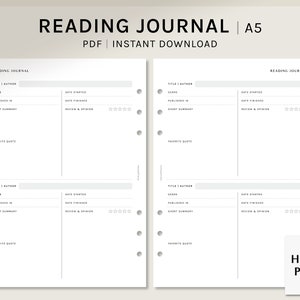 Reading Journal Printable | A5 | Book Notes Template PDF | Simple Book Log Layout Pages | Digital Download