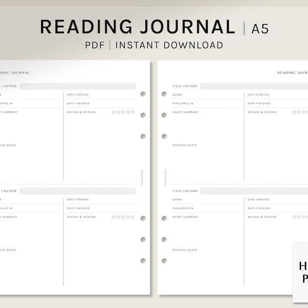 Reading Journal Printable | A5 | Book Notes Template PDF | Simple Book Log Layout Pages | Digital Download