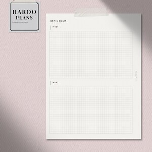 May include: A printable brain dump planner page with a grid layout. The page is divided into two sections labeled "Must" and "Want". The page is designed for brainstorming and organizing ideas.
