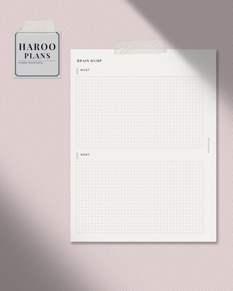 May include: A printable brain dump planner page with a grid layout. The page is divided into two sections labeled "Must" and "Want". The page is designed for brainstorming and organizing ideas.