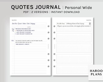 May include: A printable PDF journal with a white background and black text. The journal is designed for writing down quotes, with sections for the book title, speech, author, date, and category. The journal also includes a section for comments and thoughts. The journal is available in two versions and is an instant download.