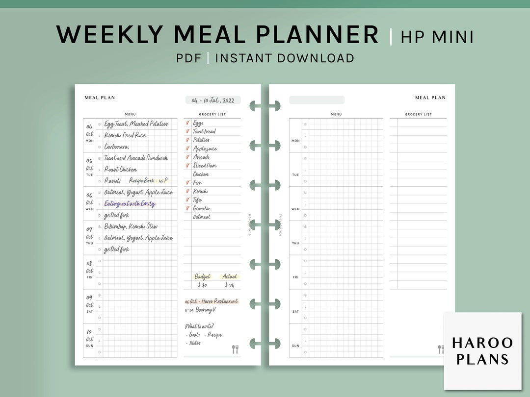 Meal Plan | HP Mini Printable Happy Planner Inserts | Grocery Food List ...