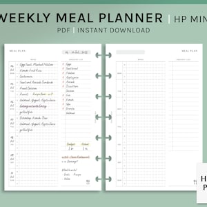 May include: A weekly meal planner in a printable PDF format for HP Mini planners. The planner includes a meal plan section with a grid for each day of the week, a grocery list section, and a budget and actual spending tracker.
