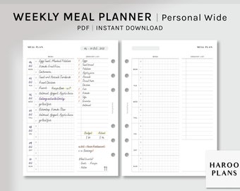 May include: A printable weekly meal planner in PDF format. The planner has two pages, each with a meal plan and grocery list section. The meal plan section has a grid for each day of the week, and the grocery list section has lines for writing down items. The planner is designed for personal use and is available for instant download.