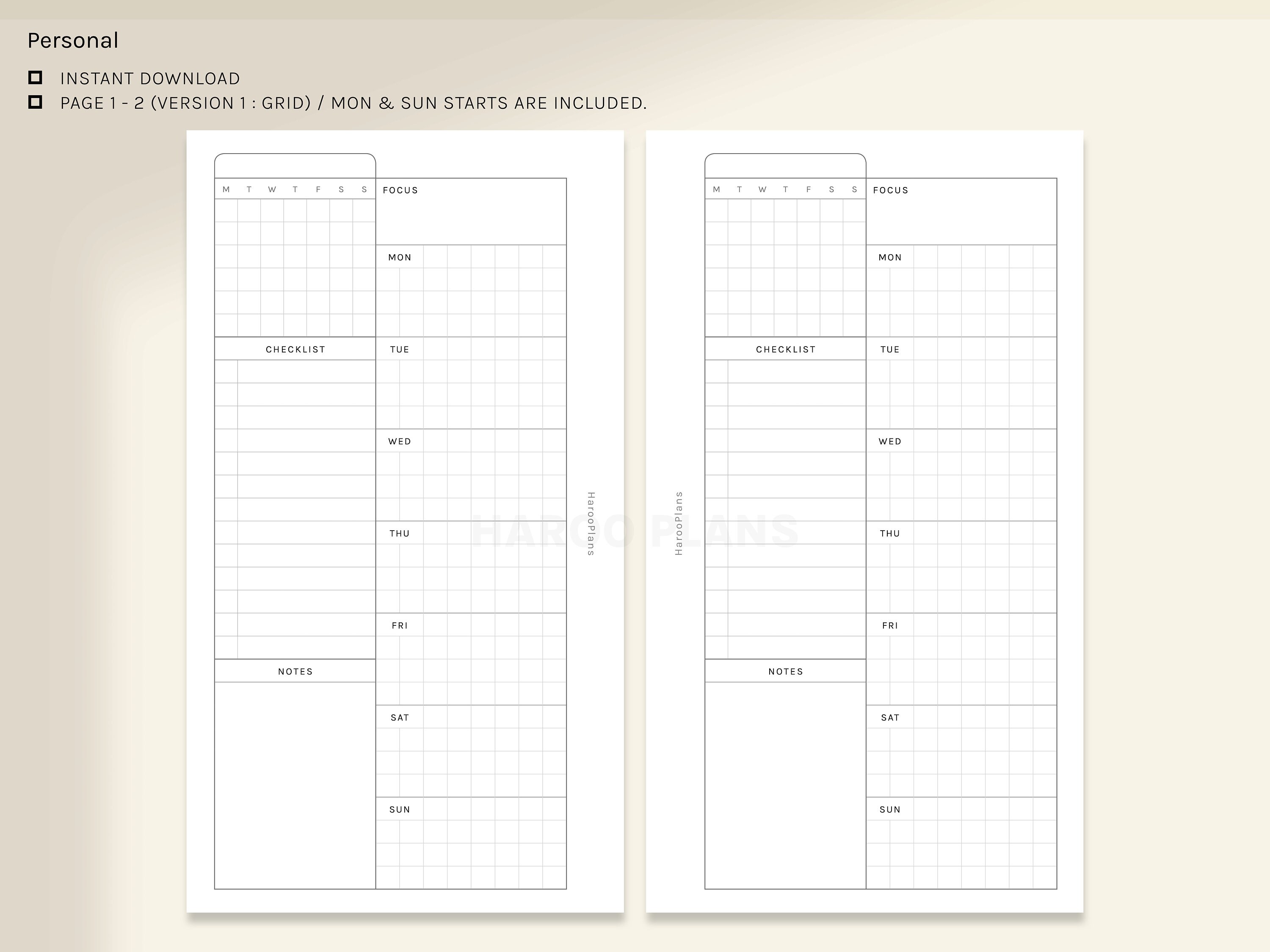 Undated Weekly Planner | Personal Size Printable Inserts | WO1P Layout ...