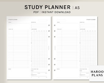 May include: A black and white printable A5 study planner with sections for goals, priorities, to-do list, time record, notes, total study time, mood, and productivity.
