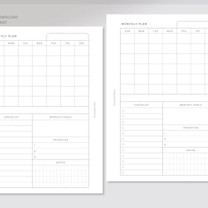 Puede incluir: Un planificador mensual imprimible con una lista de verificaci&oacute;n y espacio para objetivos mensuales. El planificador est&aacute; dise&ntilde;ado para comenzar un domingo e incluye una cuadr&iacute;cula de calendario para cada d&iacute;a de la semana.