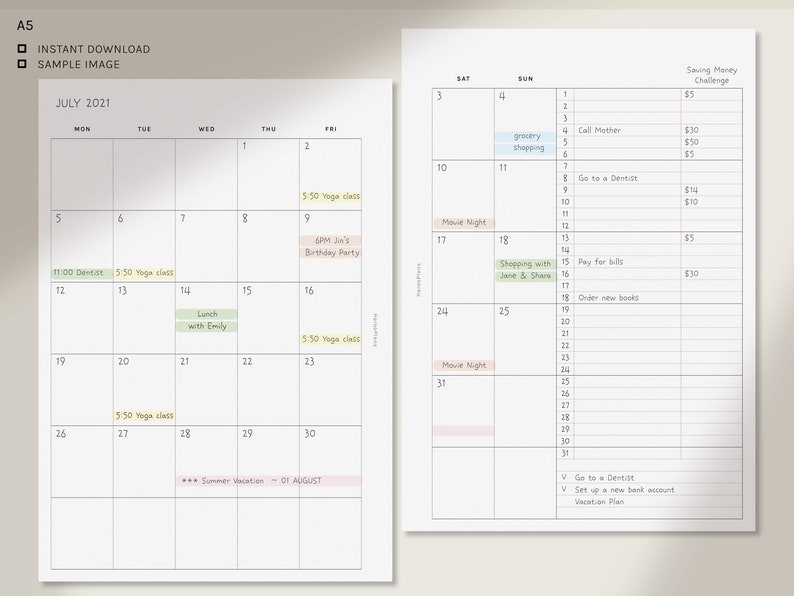 Undated Monthly Planner A5 Printable Planner Inserts MO2P | Etsy