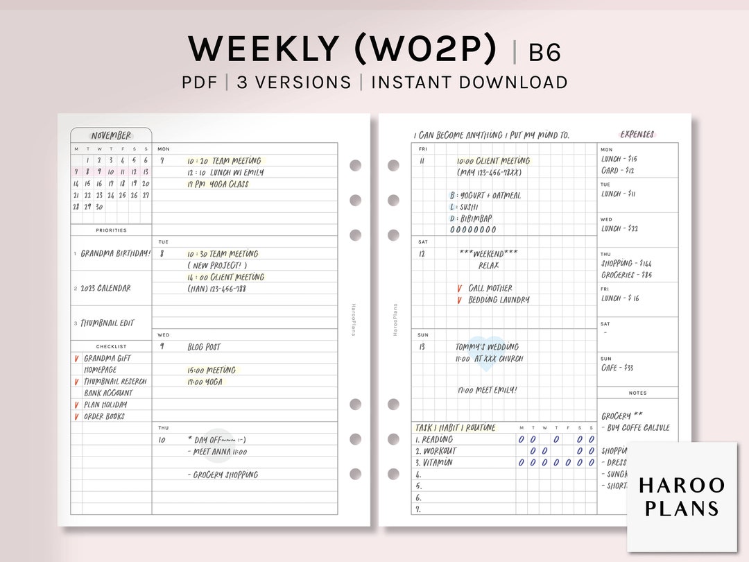 Undated Weekly B6 Rings Printable Planner Inserts WO2P Schedule ...