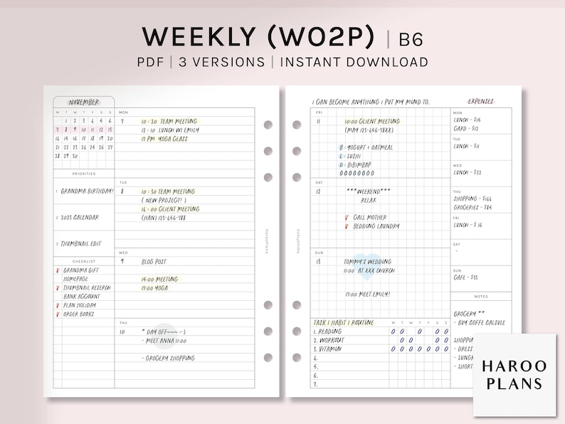 Undated Weekly | B6 Rings Printable Planner Inserts | WO2P Schedule ...