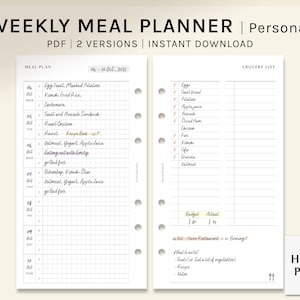 Puede incluir: Un planificador de comidas semanal imprimible con una lista de la compra. El planificador de comidas tiene una cuadrícula para escribir las comidas de cada día de la semana. La lista de la compra tiene una casilla de verificación para cada artículo. El planificador es para uso personal y tiene una sección de presupuesto y real para realizar un seguimiento del gasto.