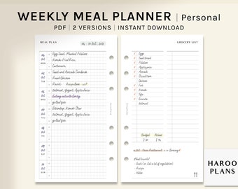 May include: A printable weekly meal planner with a grocery list. The meal planner has a grid for writing in meals for each day of the week. The grocery list has a check box for each item. The planner is for personal use and has a budget and actual section for tracking spending.