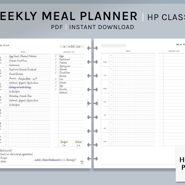 Meal Plan | HP Classic Printable Happy Planner Inserts | Grocery Food List | Weekly Menu List Template | Diet Tracker PDF | Digital Download