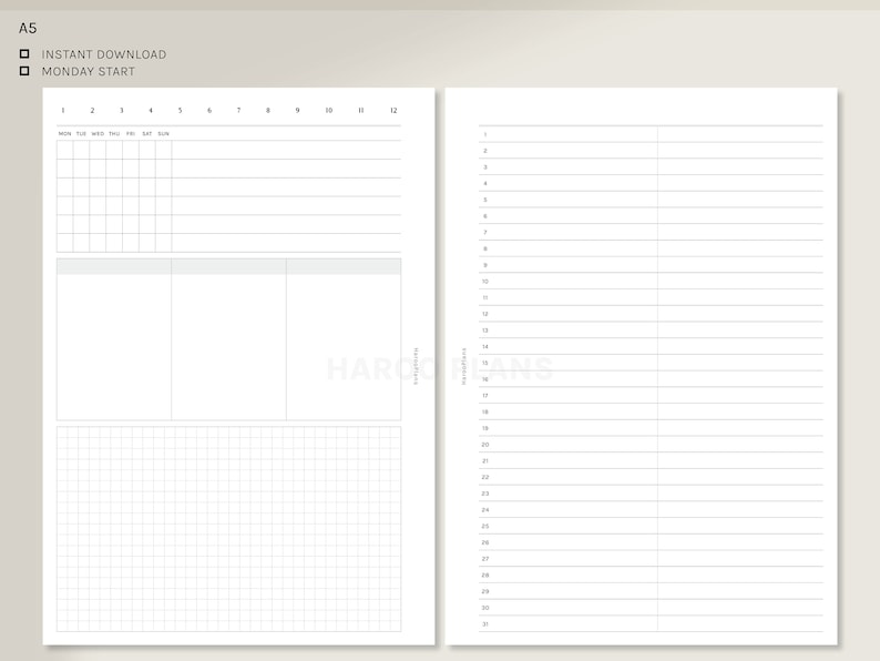 May include: A printable A5 planner with a weekly spread, a to-do list, and a gridded notes section. The planner starts on Monday and has a simple design.