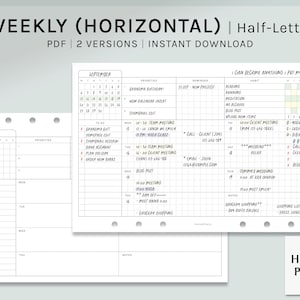 Undated Weekly | Half-Letter Printable Planner Inserts | WO1P Horizontal Template | Schedule Organizer | Calendar PDF | Digital Download