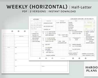 Undated Weekly | Half-Letter Printable Planner Inserts | WO1P Horizontal Template | Schedule Organizer | Calendar PDF | Digital Download