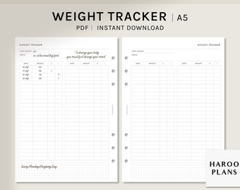 Weight Tracker | A5 Printable Planner Inserts | Weight Loss Log Sheet | Fitness Journal Template | Diet Organizer PDF | Digital Download
