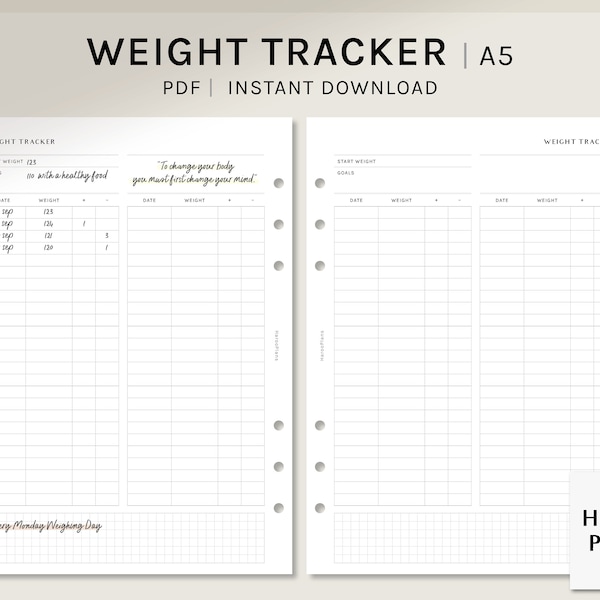 Weight Tracker | A5 Printable Planner Inserts | Weight Loss Log Sheet | Fitness Journal Template | Diet Organizer PDF | Digital Download