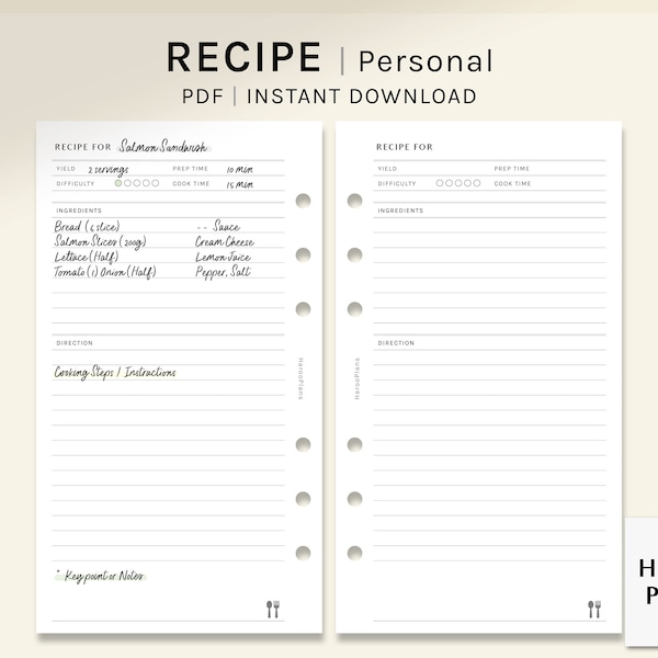 Recipe Sheet | Personal Rings Printable Planner Inserts | Blank Cook book Template | Meal Menu Plan Notes | Food Idea PDF | Digital Download