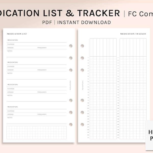 Medication List & Tracker Sheet | FC Compact Printable Planner Inserts | Medicine Pill Supplements Vitamin Intake Log PDF | Digital Download