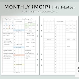 Planificador mensual / Inserciones imprimibles de tamaño de media carta / Plantilla de descripción general mensual / Calendario MO1P PDF / Mes de un vistazo / Descarga digital